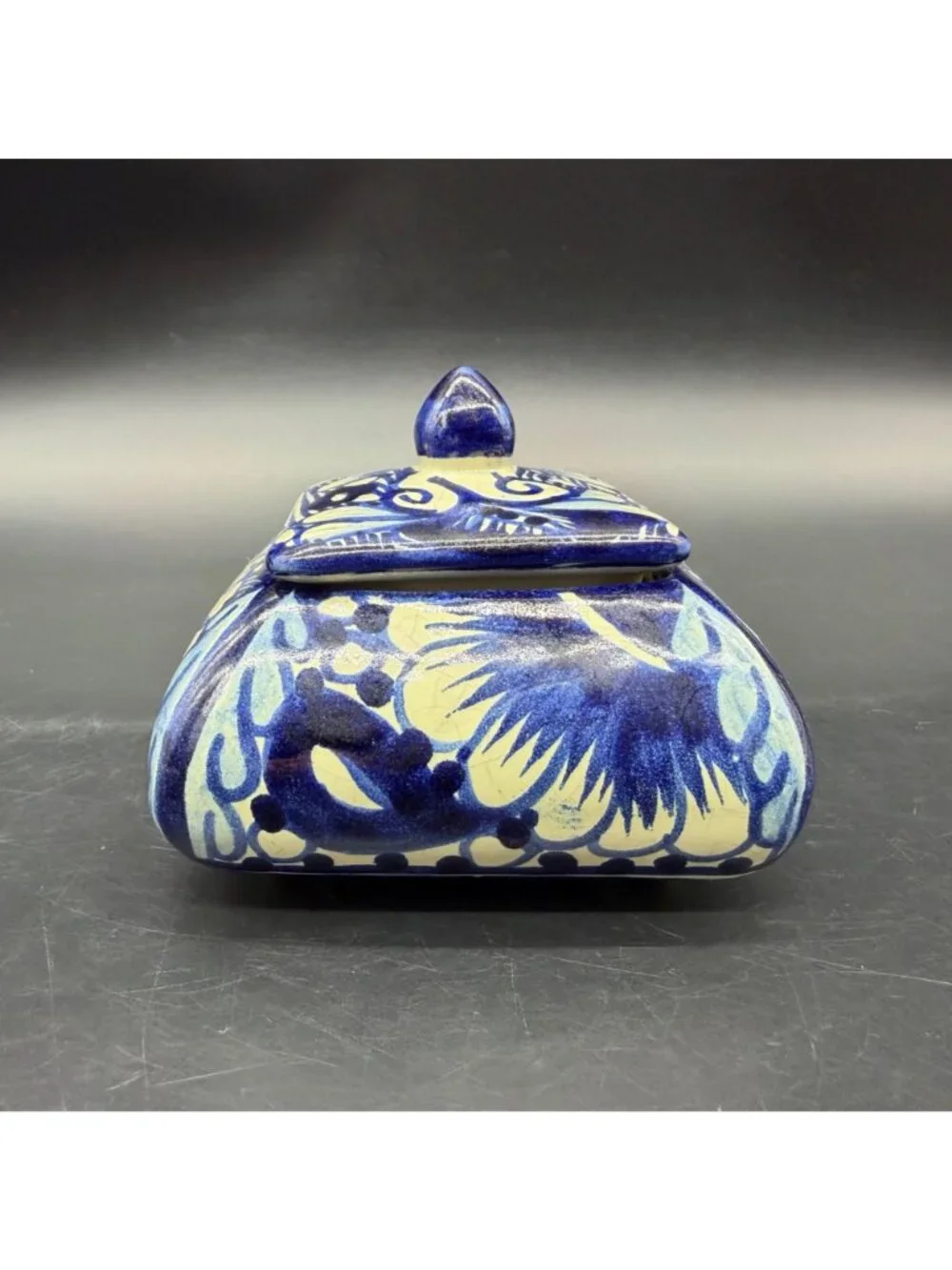 Talavera Mexico Trinket Box Blue Floral Hand Painted Pottery Signed R Venegas